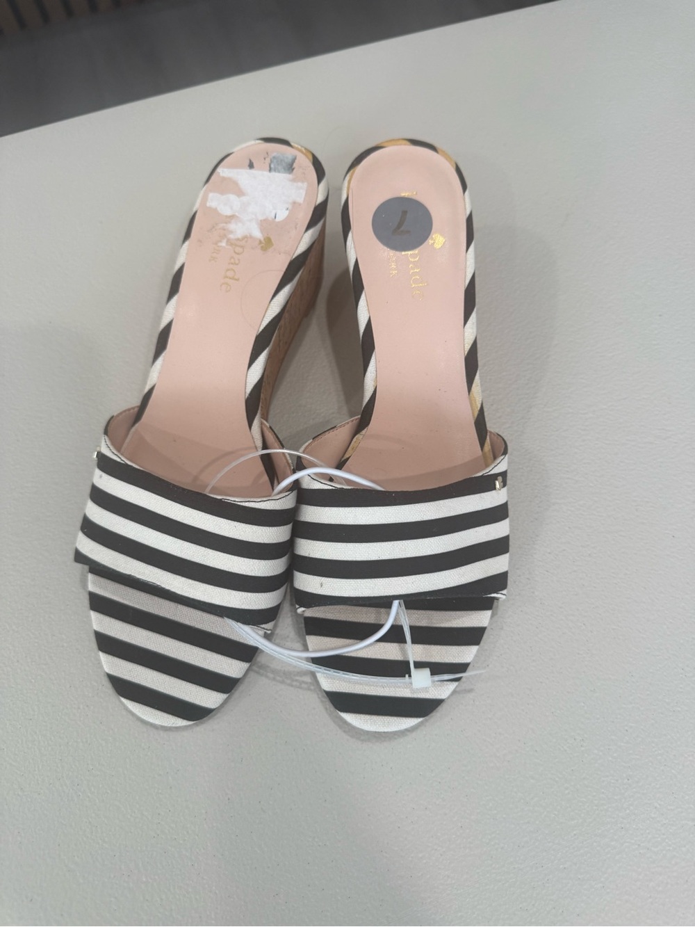 kate spade Black and White Striped Slide Mules with Gold Accent
